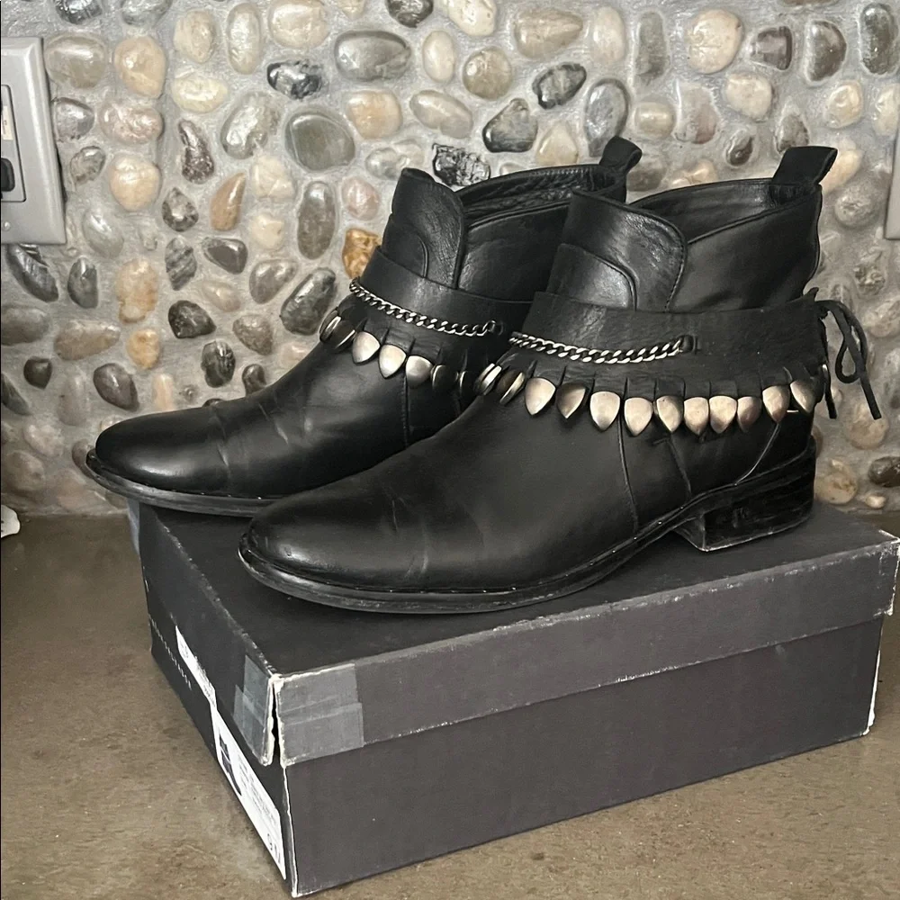 Freda Salvador Black Leather Ankle Boots with Silver Chain & Teardrop Accents - Picture 4 of 6